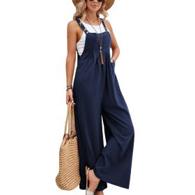 Women's Solid Color Casual Suspender Trousers (Option: Dark Blue-2XL)