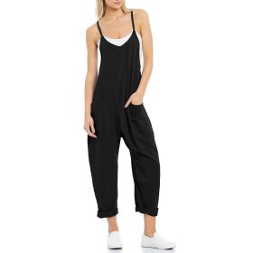 Women's Pocket Spaghetti Straps Knitted One-piece Trousers (Option: 2XL-Black)