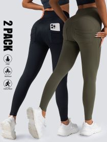 2 Pack High Waist Yoga Pants With Pockets, Tummy Control Workout Running Yoga Leggings For Women (Option: 2PACK6-L)