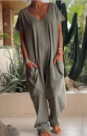 European And American Solid Color And V-neck Oversized Pocket Low-grade Jumpsuit (Option: S-Army Green)