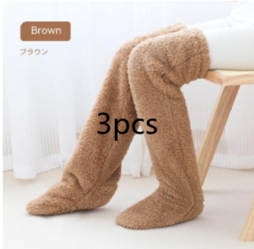 Over Knee High Fuzzy Long Socks Winter Warm Cold Leg Knee Joint Cold-proof Stockings Home Floor Sleeping Socks (Option: Brown3pcs-Average Size)