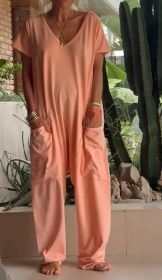 European And American Solid Color And V-neck Oversized Pocket Low-grade Jumpsuit (Option: L-Orange)