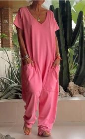 European And American Solid Color And V-neck Oversized Pocket Low-grade Jumpsuit (Option: L-Pink)