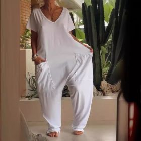 European And American Solid Color And V-neck Oversized Pocket Low-grade Jumpsuit (Option: L-White)