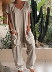 European And American Solid Color And V-neck Oversized Pocket Low-grade Jumpsuit (Option: L-Khaki)