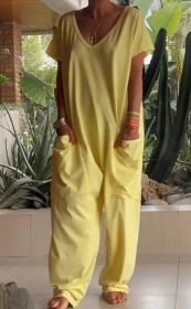 European And American Solid Color And V-neck Oversized Pocket Low-grade Jumpsuit (Option: L-Yellow)