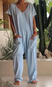 European And American Solid Color And V-neck Oversized Pocket Low-grade Jumpsuit (Option: L-Blue)